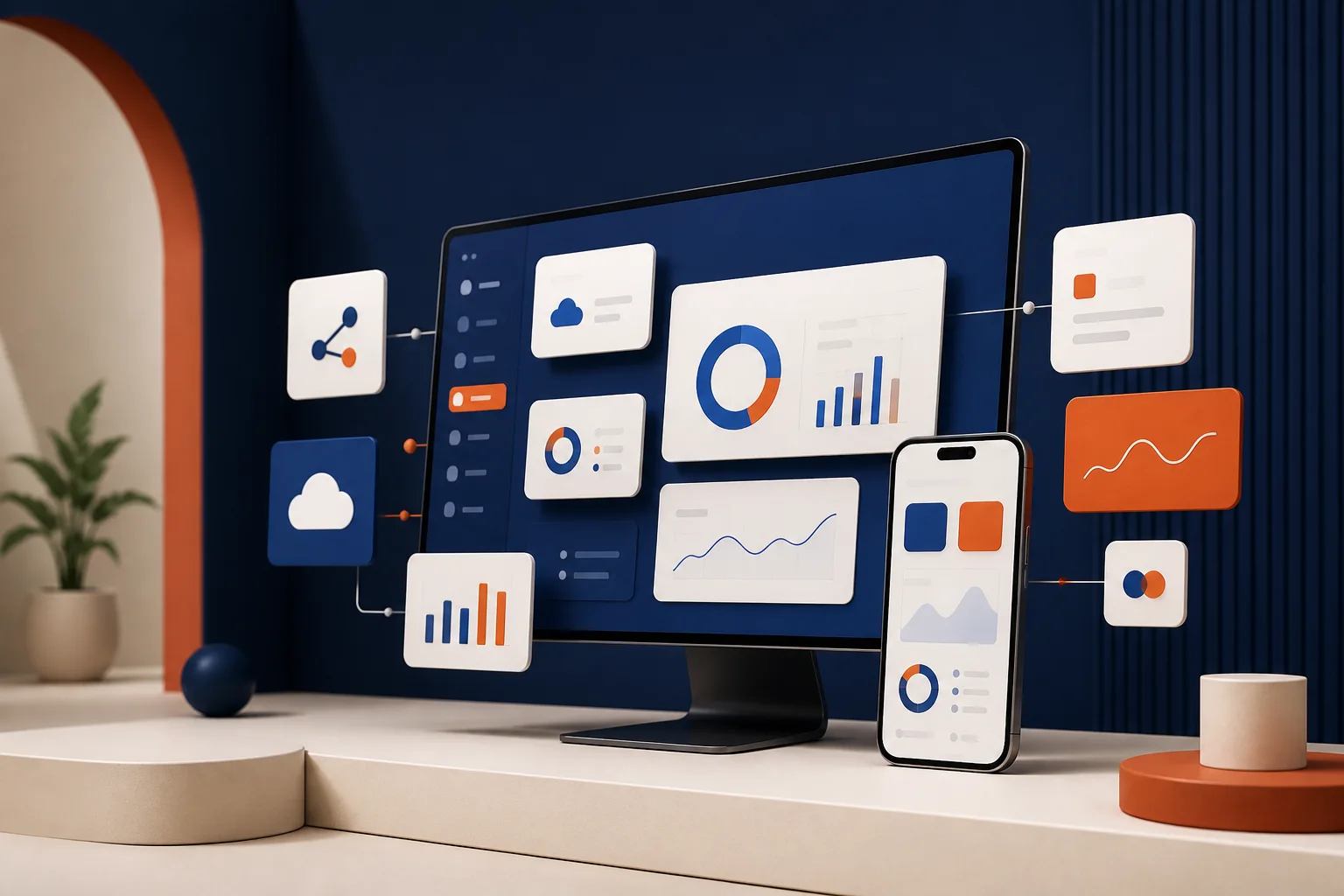 A modern software workspace with connected mobile and web product interfaces